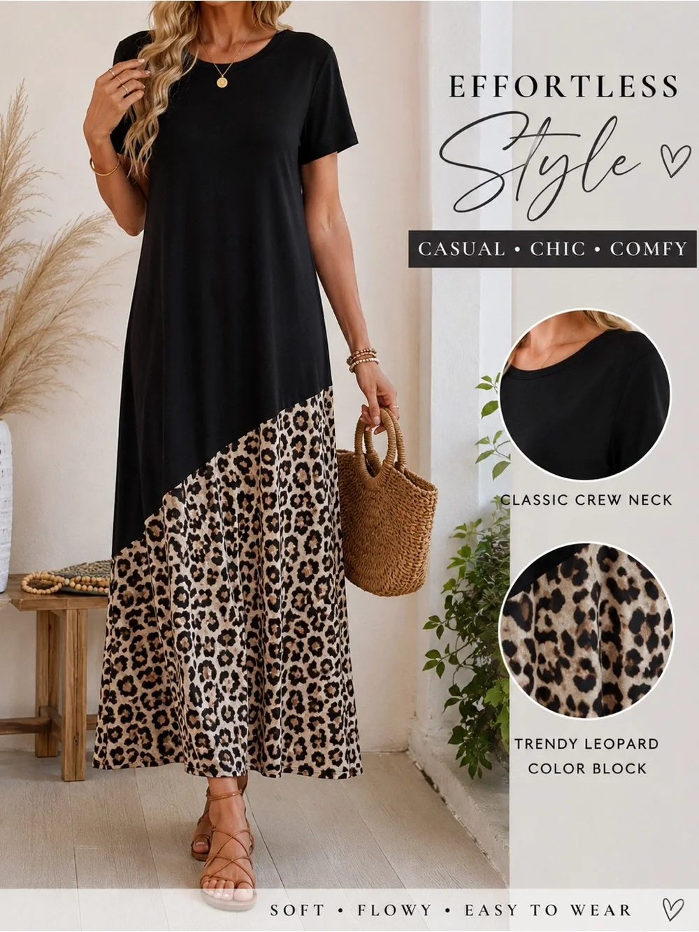 NEW Leopard Color Block Maxi Dress Size Large Casual Chic Flowy - Picture 2 of 11